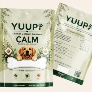 Yuupi CALM pouch, chicken collagen gummies with chamomile, front and back